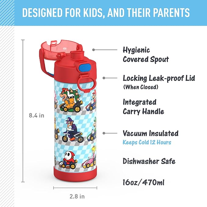 THERMOS FUNTAINER 16 Ounce Stainless Steel Vacuum Insulated Bottle with Wide Spout Lid,Mario,(Pack of 6)