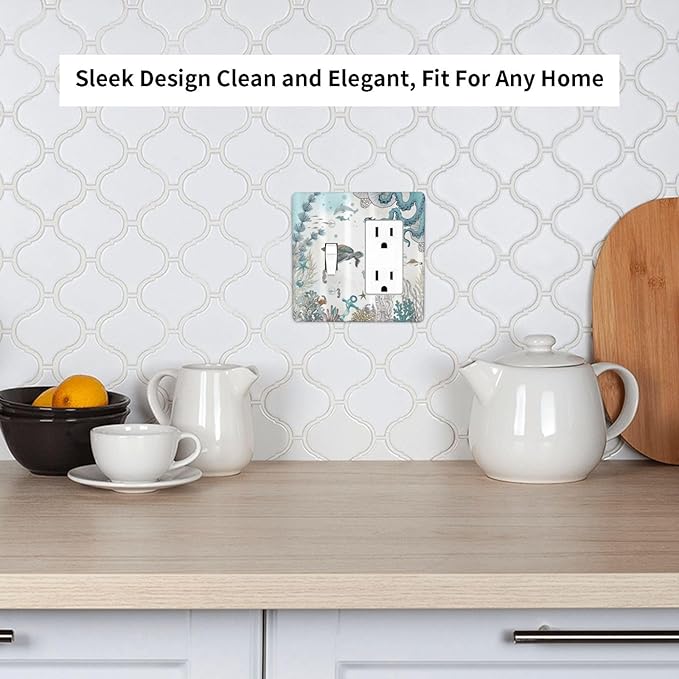 Decorative Outlet Covers Sea Turtle Octopus Ocean Underwater Animal 2 Gang 1 Gang Wall Plate Single Toggle Rocker Device Combination Light Switch Cover Plate Jumbo Electrical Faceplate Plug