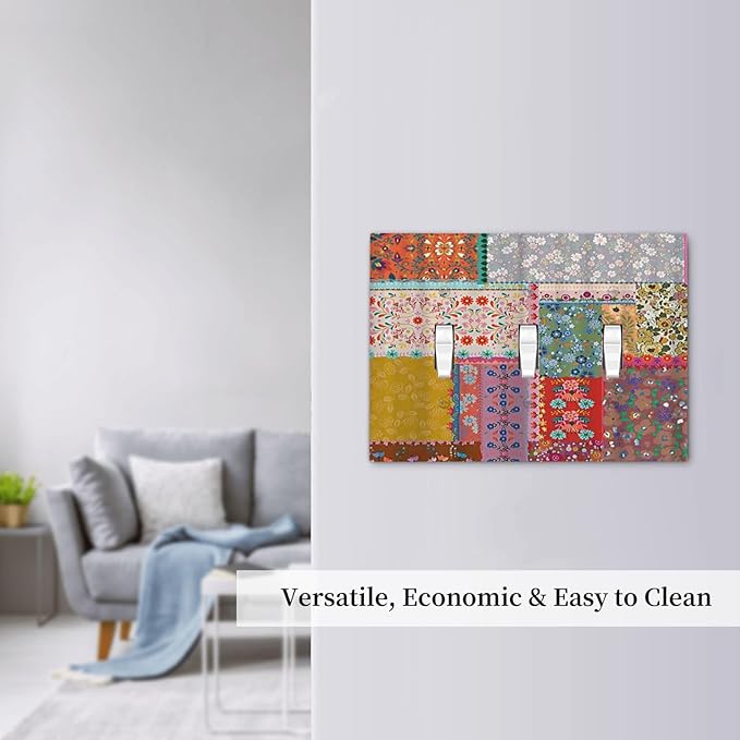 Light Switch Cover Boho Patchwork Bohemian Stitching Colorful Floral 3 Gang Wall Plate Triple Light Switch Plate Toggle Decorative Outlet Covers Electrical Switchplate for Bathroom Home Decor