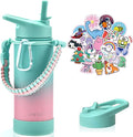 Mininoo Girls Water Bottle for School, 16oz Stainless Steel Insulated Metal Water Bottle with Straw Lid for Boys (Sky/Pink)