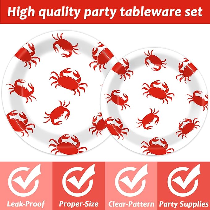 Qyeahkj 100 Pcs Crab Party Decoration Set - Paper Plate Napkin Fork Set for Summer Crab Dinnerware Tableware Supplies - Serves 25