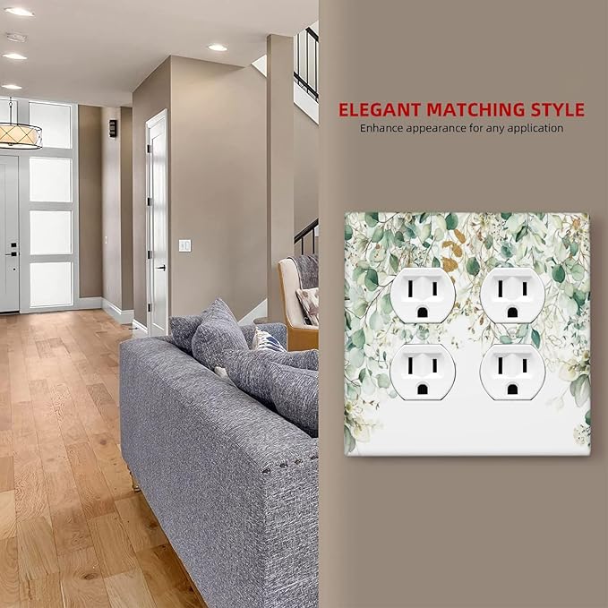 Gold Green Eucalyptus Leaves Plants Flowers Floral Outlet Covers 2 Gang Double Duplex Decorative Light Switch Covers Electrical Wallplates Socket Faceplate for Bedroom Living Room Decor