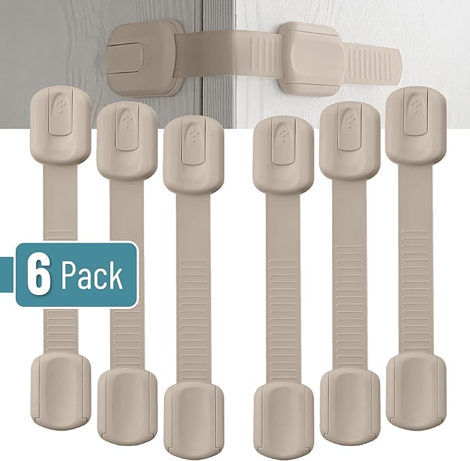 Bates- Child Safety Strap Locks, 6 Pack, Soft Beige, Baby Cabinet Locks with Adjustable Strap Length