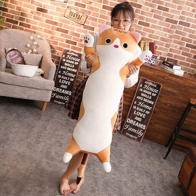 Long Cat Plush Pillow, Soft Cat Stuffed Animals Body Pillow Kitten Plush Hugging Pillow Toy Gifts for Kids (Brown, 35.4 inch)