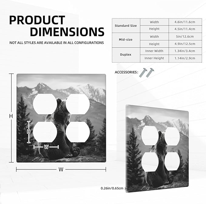 Decorative Outlet Covers Black White Bear Mountain Pine Trees Wilderness 2 Gang Decorative Switch Plate Double Duplex Wall Plates Switch Plates and Outlet Covers for Bathroom Bedroom Decor
