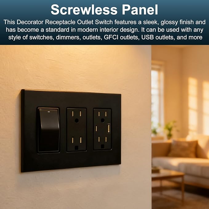 Matte Black 3-Gang Screwless Decorative Wall Plates, Wall Plate Child Safe Outlet Cover, Unbreakable Polycarbonate Thermoplastic for Leviton 80311-SE, Screw Smooth Face Switch Plates, 3-Pack