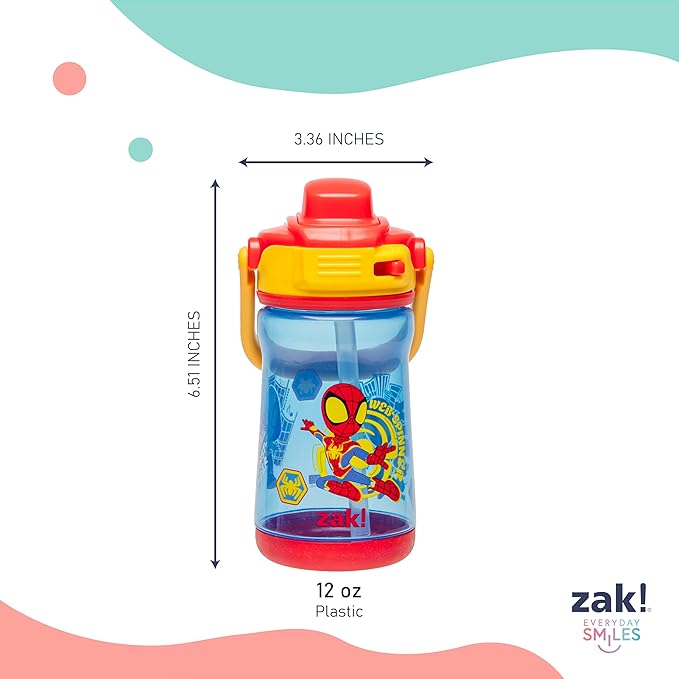 Zak Designs Marvel Spider-Man Beacon Kid Water Bottle for Travel, 12oz Plastic is Durable and Leak-Proof with Liquid Lock Spout, Cover, Carry Handle, Protective Base (Spidey and His Amazing Friends)