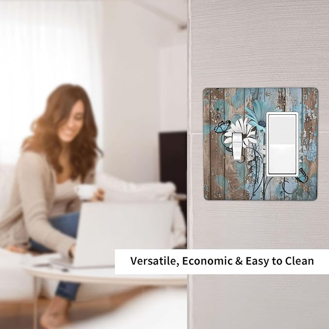 Outlet Covers Rustic Flower Teal Turquoise Daisy Butterfly 1 Toggle 1 Rocker Combination Decorative Wall Plate Electrical Switch Plates Light Switch Cover Plate For Farmhouse Cabin Decor