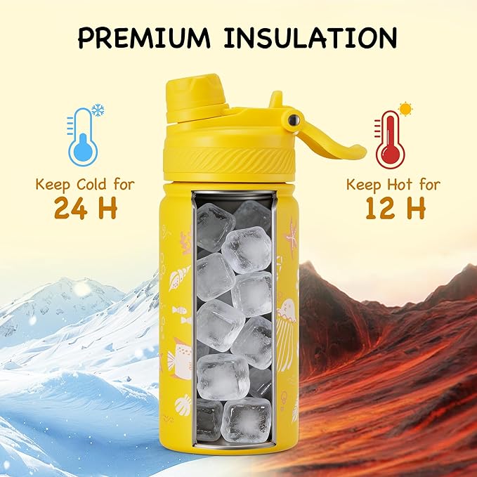 Fijinhom 12 oz Kids Water Bottle, 2-in-1 Stainless Steel Vacuum Insulated Water Bottle for Toddler, Leak Proof Spout & Straw, Double Wall Thermal Flask for Boys&Girls, School, Outdoor, Travel (Ocean)