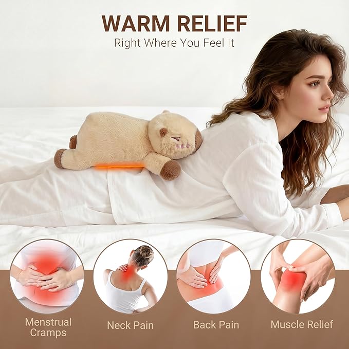 Capybara Heating Pad for Period Cramps,Menstrual Pain Relief,Cute Stuffed Animal Electric Heating Pad Plush,USB Powered Heated Plush Toy,Portable Warm Cushion Gift for Mother Women Teen Girls,Brown