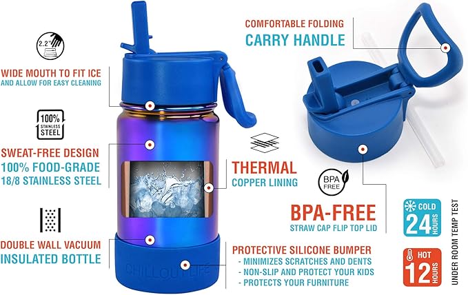 CHILLOUT LIFE 12 oz Kids Insulated Water Bottle for School with Straw Lid Leakproof and Cute Waterproof Stickers, Personalized Stainless Steel Thermos Flask Metal Water Bottle, Dishwasher Safe Color