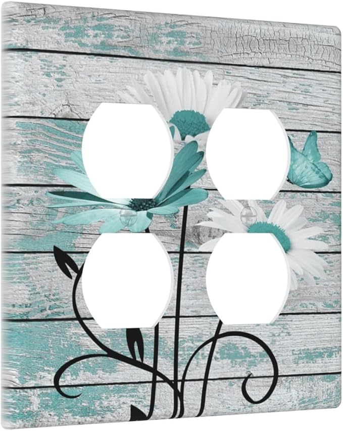 Teal White Daisy Flower Butterfly On Rustic Wood Board Outlet Covers 2 Gang Double Duplex Decorative Light Switch Covers Electrical Wallplates Socket Faceplate for Farmhouse Bedroom Decor