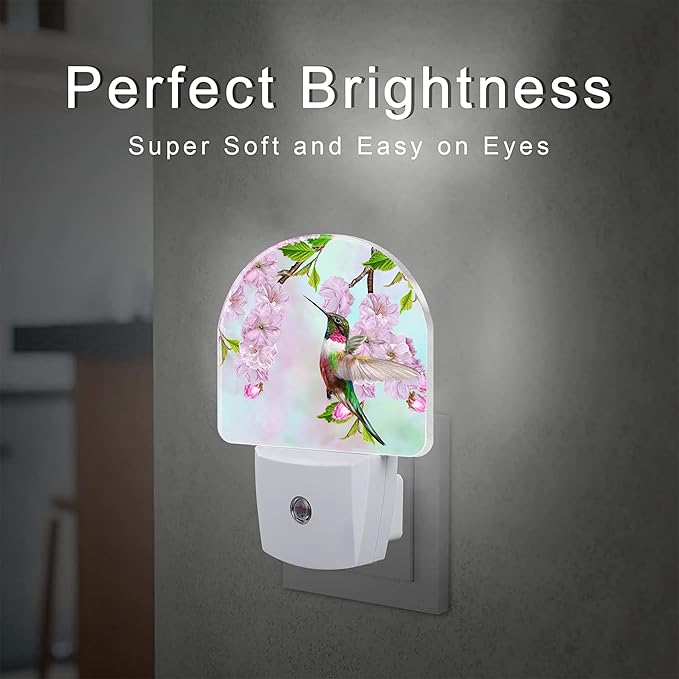 Hummingbird and Cherry Blossoms Night Light for Kids,Birds and Pink Flowers Plug in Night Light with Dusk to Dawn Sensor, 0.5w Energy Saving Nightlight for Hallway Stairway Kitchen Bedroom