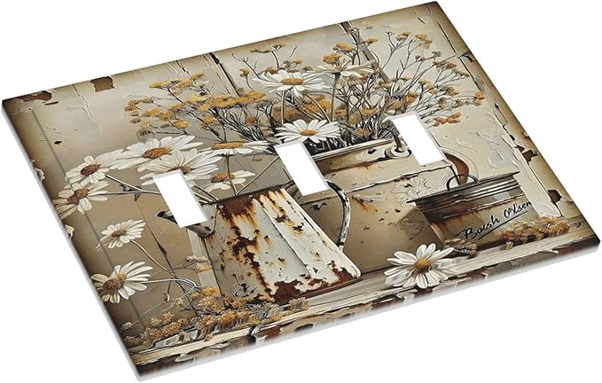 Rustic Flowers Daisy Floral White Wooden Planks Decorative Switch Plates 3 Gang Wall Plate Triple Toggle Light Switch Cover Faceplate Electrical Wall Panels for Farmhouse Home Decor
