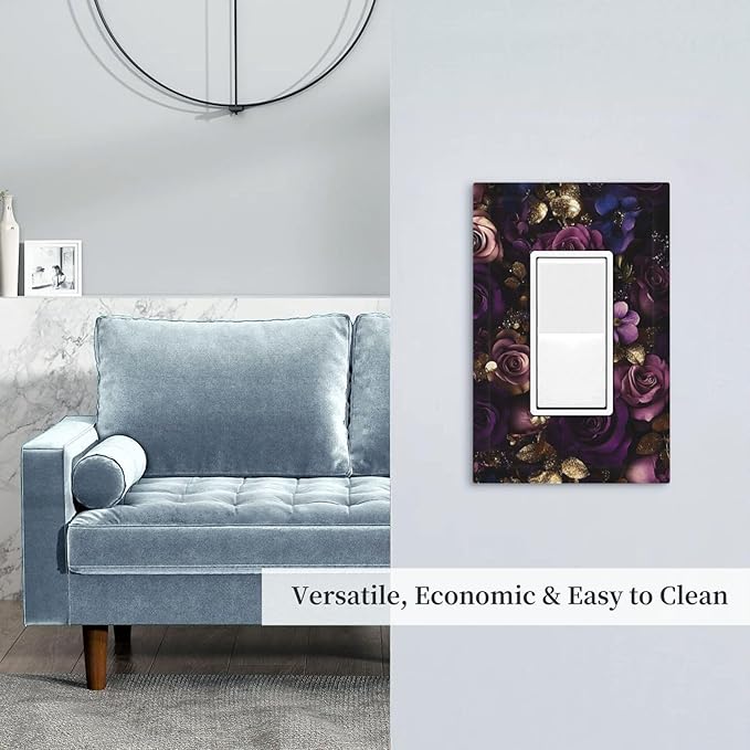 Decorative Light Switch Cover Plate with Luxurious Purple Roses Gold Accents Leaves Design 1 Gang Rocker Outlet Covers Single Decora Gfci Device Wall Plate for Romantic Bedroom/Living Room