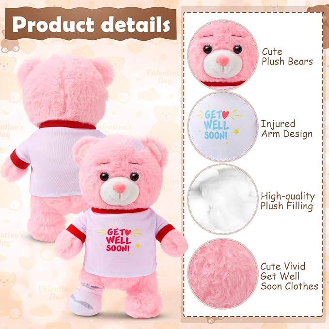 Deekin Get Well Soon Gifts for Kids Injured Recovery Bear Stuffed Animal Gifts Bear for Kids Adult with Broken Arm After Surgery Soft Bandage Plush 10 Inches (Pink,Leg Injury)