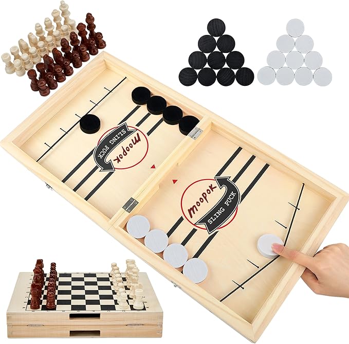 moopok Fast Sling Puck Game - 2 in1 Chess Board and Desktop Battle Super Winner Game,Fast Action Wooden Air Hockey Board Game,Adults and Kids Family Friend Funny Slingshot Game Toys