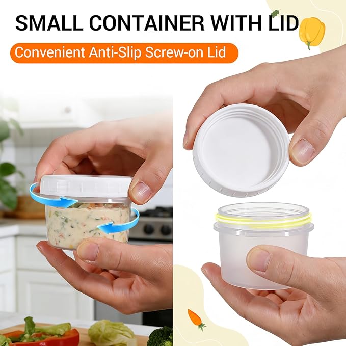 DEMORA 5 oz Small Plastic Containers with Twist on Lids [20 Sets], Stackable Little Food Storage Containers for Snack Lunch Meal Prep Salad Dressings, Freezer/Microwave/Dishwasher Safe, BPA Free