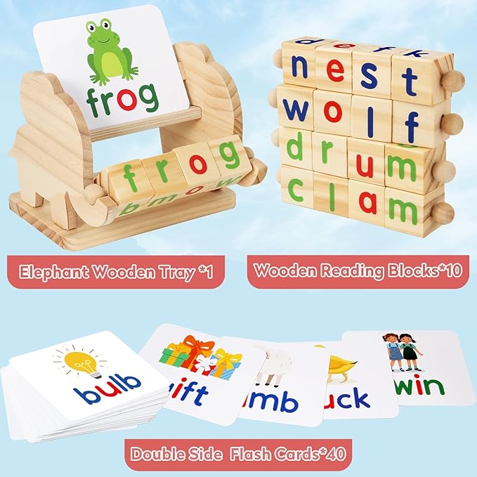 Montessori Learning and Educational Toys Gifts for Kids 3 4 5 Years, Wooden Reading Blocks Toys, Preschool Kindergarten Learning Activities, Turning Rotating Matching Flash Card Games