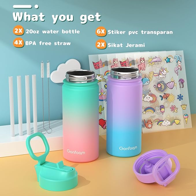 Kids Water Bottle, 2-Pack 16oz Water Bottles with Stickers and Straw, Stainless Steel Vacuum Insulated cup, Kids Water Bottle for School, Gifts for Boys and Girls(Purple/Green)