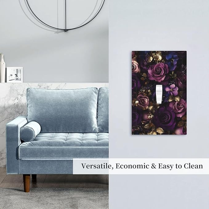 Decorative Switch Cover Plate with Luxurious Purple Roses Gold Accents Leaves Design Single Gang Toggle Switch Plate Light Switch Covers Artistic Faceplate for Romantic Bedroom/Living Room