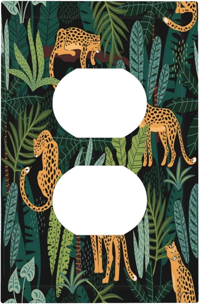 Jungle Cheetah Tropical Wildlife Leopard Green Palm Leaf Outlet Covers 1 Gang Duplex Light Switch Cover Decorative Switch Plates Electrical Receptacle Faceplate Wall Plate for Farmhouse Home Decor