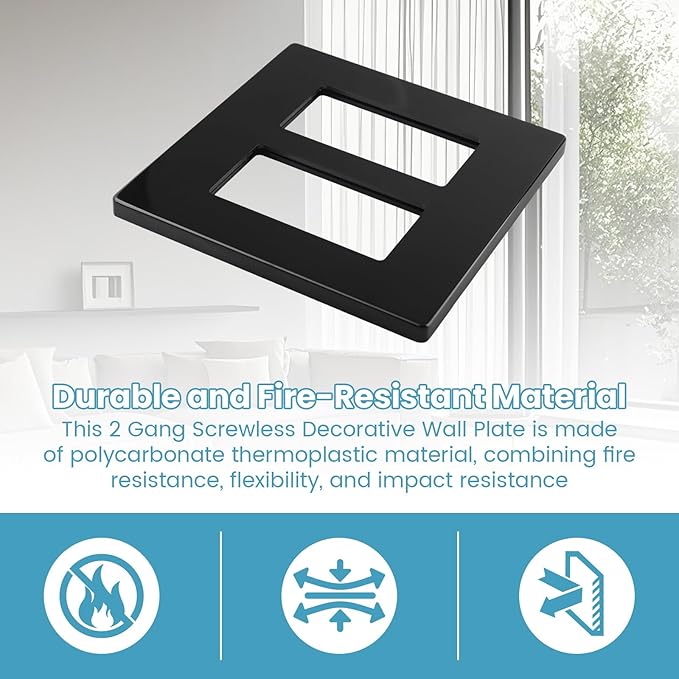 Matte Black 2-Gang Screwless Decorative Wall Plates, Wall Plate Child Safe Outlet Cover, Unbreakable Polycarbonate Thermoplastic for Leviton 80309-SE, Screw Smooth Face Switch Plates, 3-Pack