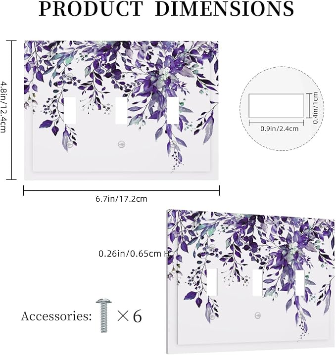 Decorative Light Switch Cover Plate Purple Eucalyptus Boho Olive Leaves Country Unique 3 Gang Wall Plate Switch Plate Covers Triple Toggle Jumbo Electrical Faceplate for Bedroom Decor