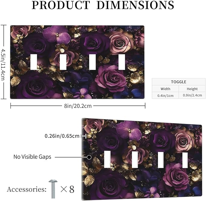 Decorative Switch Plate Cover with Luxurious Purple Roses Gold Accents Leaves Design 4 Gang Artistic Wall Plate Unique Quad Toggle Light Switch Covers for Romantic Bedroom/Living Room Decor