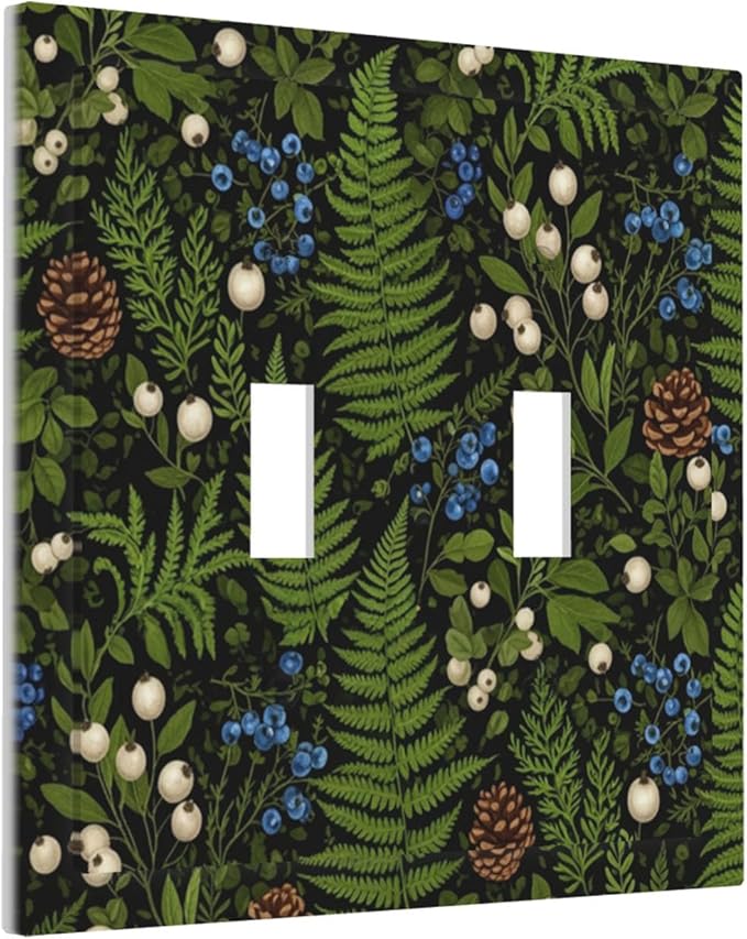 Mystical Forest Floor Double Toggle Switch Cover - 2-Gang Standard US Size Dark Botanical Fern & Berry Light Switch Covers, Cottagecore Woodland for Farmhouse Home Decor