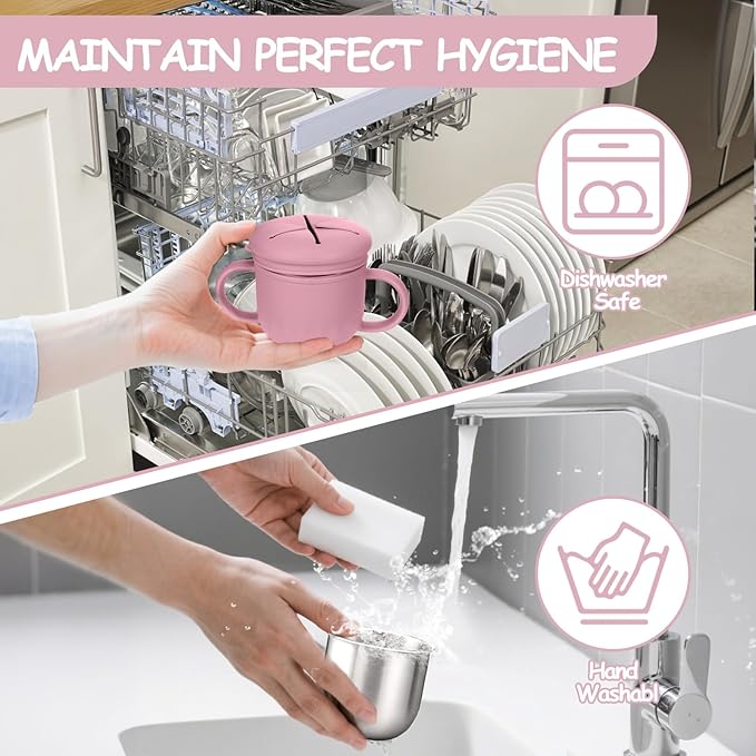 Toddler Snack Containers Stainless Steel Spill-Proof Snack Containers for Toddlers with Spill-Proof Silicone Lids and Handles 4-in-1 Baby Snack Cup is Dishwasher Safe for Easy use On The Go（Pink）