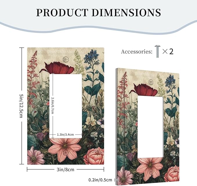 Decorative Outlet Covers Rustic Wildflower Red Floral Green Plant 1 Gang Single Decora GFCI Device Light Switch Covers Plate 1 Rocker Wall Plate Jumbo Face Plate for Switch Decor