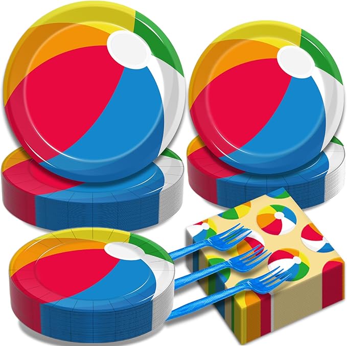 Kepeel 200Pcs Summer Pool Beach Party Tableware Set, Beach Pool Ball Party Decorations Supplies for Kids Boys Girls Summer Hawaiian Party Disposable Dessert Plates Napkins Forks Favors, Serve 50