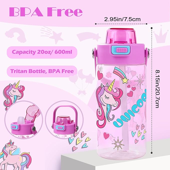 Queenshin Girls Unicorn Water Bottle for School 20oz BPA-Free Tritan Outdoor Kids Sports Water Cup Leak Proof with Straw Lid Handle Pop-Up Spout Cover