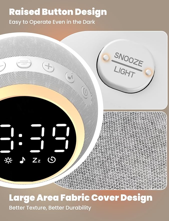 LIORQUE Alarm Clock with White Noise Machine & Night Light, 25 Soothing Sound, Adjustable Volume, Sleep Timer, Ideal for Baby Kids Adult, Easy to Use Alarm Clock for Bedrooms
