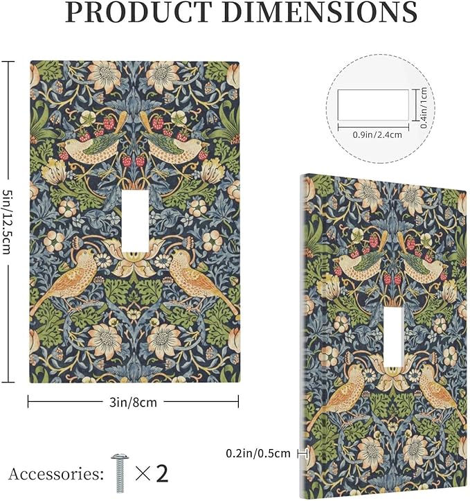 Decorative Light Switch Cover Morris Strawberry Thrush Birds Colorful Plants 1 Gang Single Toggle Device Electrical Faceplate Switchplates Decorator Outlet Wall Plate For Bed Room Decor