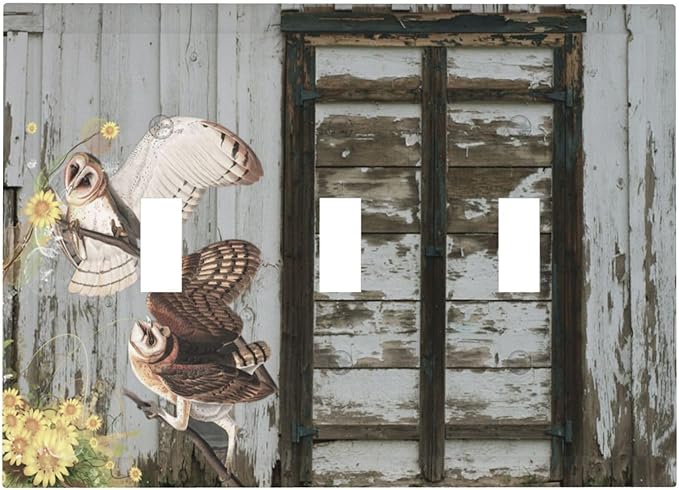 Vintage Brown Blue Old Wooden Door Triple Toggle Light Switch Cover 3 Gang Wall Plate Decorative Antique Barn Door with Owls Sunflower Electrical Facplate for Bathroom Kitchen Home 6.7" x 4.8"