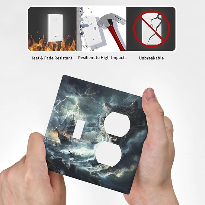 Light Switch Cover Plate funny Cat Stormy sea Lightning Sailboats 2 Gang Decorative Switch Plates 1 Toggle Duplex Combo Outlet Covers GFCI Wall Plates for Bathroom Kid Room Decor