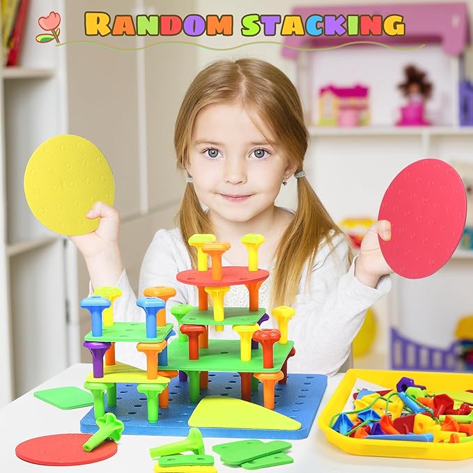 Ggiibro Peg Board Toy Set 101Pcs DIY Building Stacking Toys for Kids 3-6 Years Old,STEM Educational Kids Toy for Brain Development,Montessori Sensory Toys,Plastic Lacing String Game