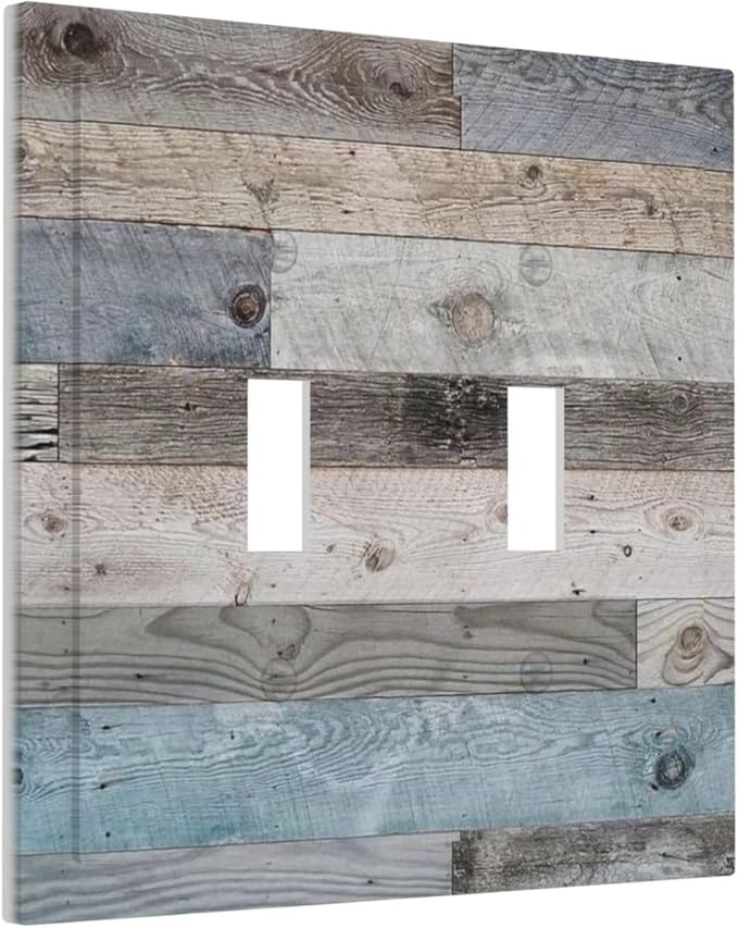 Western kitchen Teal Blue Wood Old Garage Style Decorative Double Toggle Light Switch Covers Retro Rustic Country Farmhouse Barn Electrical 2-Gang Receptacle Outlet Face Wall Plate Cover Jumbo Size