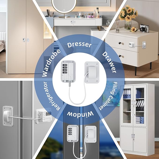RORMGO Refrigerator Lock, Heavy Duty Fridge Locks for Kids, Freezer Lock with Combination for Refrigerator Drawer Cabinet Safety, Easy to Install No Keys Needed White, 2 Packs