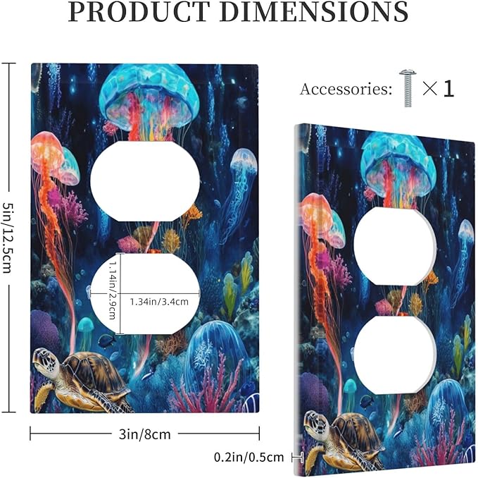 Jellyfish Sea Turtle Fantasy Ocean Coral Underwater World Outlet Covers 1 Gang Duplex Light Switch Cover Decorative Switch Plates Electrical Receptacle Faceplate Wall Plate for Nursery Kids Room Decor