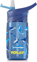 YOLAY 15oz Kids Water Bottle For School Boys and Girls, Durable Toddler Water Bottle with Straw Lid Leak-Proof, Spill Proof, Easy Clean and Dishwasher Safe with Re-Usable and BPA Free - Shark