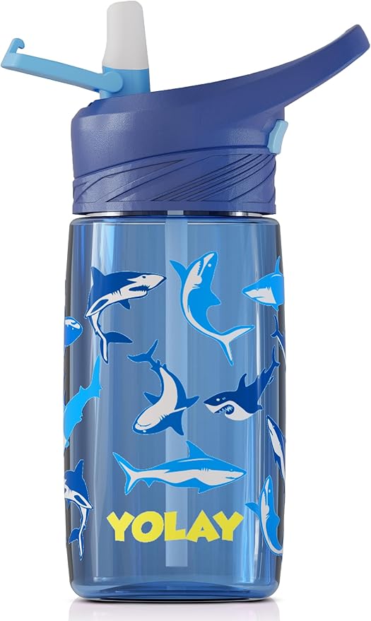 YOLAY 15oz Kids Water Bottle For School Boys and Girls, Durable Toddler Water Bottle with Straw Lid Leak-Proof, Spill Proof, Easy Clean and Dishwasher Safe with Re-Usable and BPA Free - Shark