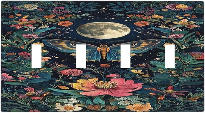Light Switch Cover Plate Bohemian Moon Butterfly Floral 4 Gang Quad Toggle Wall Plate Electrical Outlet Cover Decorative Switch Plate Covers for Bedroom Cabin Decor
