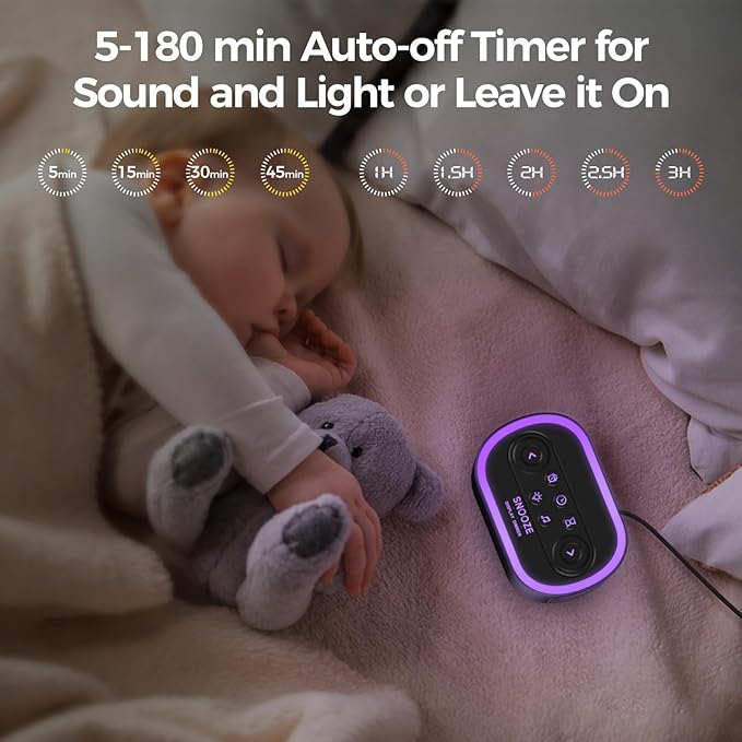 Reacher Digital Alarm Clock & White Noise Sound Machine, 21 Soothing Sounds, 7 Wake Up Sounds, 8 Night Lights, 32-Level Volume, 9 Sleep Timer, Memory Function for Kid, Adult, Bedroom, Nightstand
