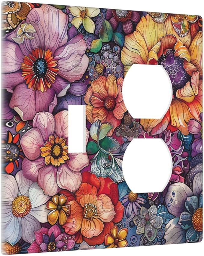 Wallplates Colorful Bohemian Flowers Vintage Boho Floral 1 Toggle 1 Duplex Switch Plate Electrical GFCI Faceplate Decorative Light Switch Covers for Bed Room living Room Decor