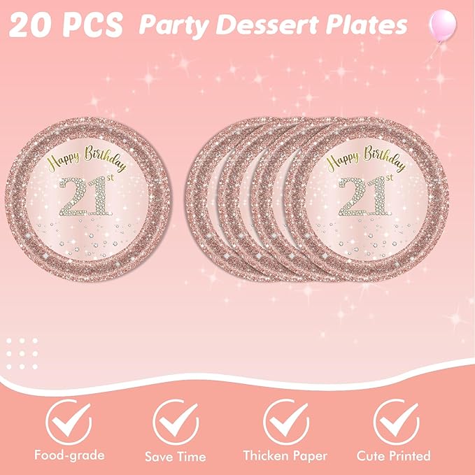 62Pcs 21st Birthday Decorations for Girls Her, Rose Gold Birthday Party Supplies Include 40Pcs Plates 20Pcs Napkins and 2Piece Tablecloth, Rose Gold Sweet 21 Party Tableware for 20 Guests