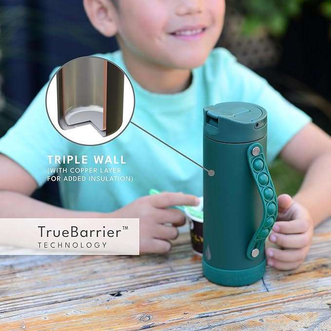 Elemental Iconic Kids Water Bottle for School - 100% Leak-Proof Insulated Water Bottles with Straw Lid & Pop-It Handle for Boys & Girls - Triple-Wall Insulated & BPA-Free, 14oz –Forest Green