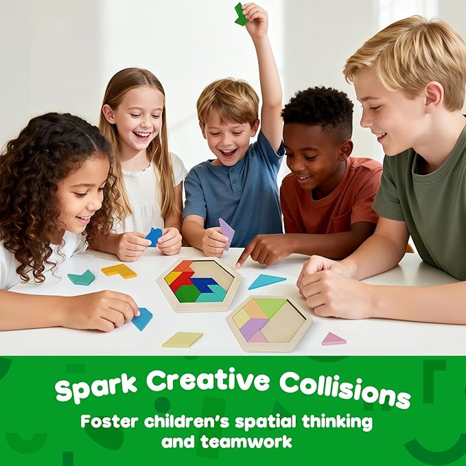 Skrtuan 5 Pack Wooden Puzzles Set - STEM Montessori Educational Board Games and Logic Traning Brain Teaser Geometric Shapes Tangram Puzzle Games for Kids Ages 3+